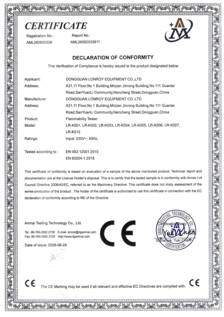CHINA DONGGUAN LONROY EQUIPMENT CO LTD zertifizierungen