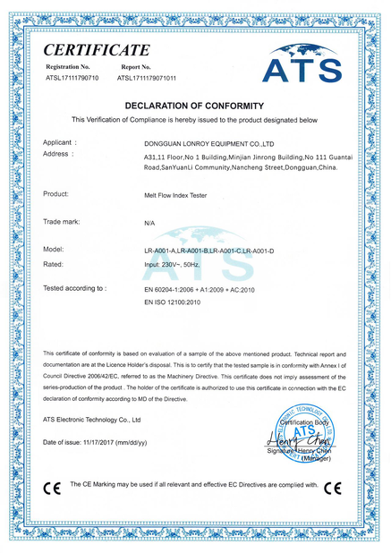 จีน DONGGUAN LONROY EQUIPMENT CO LTD รับรอง